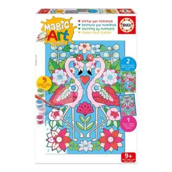 Festés számok szerint Flamingó Magic Art Number Flamingos Educa 2 kép kerettel és 9 szín ecsettel és palettával 9 évtől kép