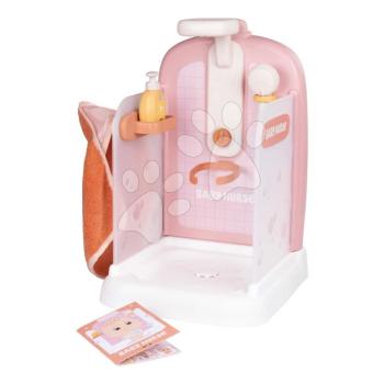 Fürdőszoba működő zuhanyzóval játékbabának Shower Soft Baby Nurse Smoby törölközővel, levehető zuhanyfejjel és oktató füzetkével kép