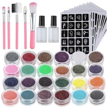 Glitter tattoos kit - 24 db színes csillámporral, rengeteg felragasztható sablonnal, ecsetekkel és ragasztókkal (BBJ) (BBLPJ) kép