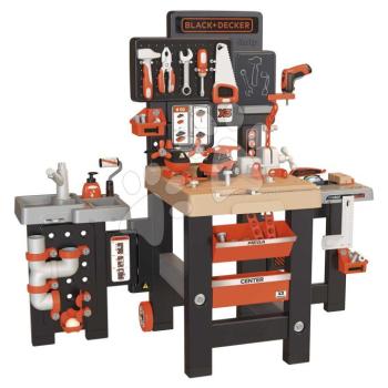 Háromszárnyú barkácsműhely kerekeken Black&Decker Mega Center Smoby szerelő vízvezeték-szerelő festő és asztalos műhely 100 kiegészítővel 103 cm magas