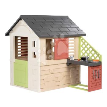 Házikó konyhával és 17 kiegészítővel Nature Playhouse&Kitchen Life Smoby bővíthető 3 ablakkal 2 árnyékolóval és elhúzható zsalugáterrel UV védelemmel 24 hó-tól kép