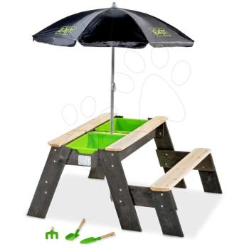 Homokozó asztal homokra és vízre cédrusból Aksent sand&water table Exit Toys piknik paddal napernyővel fedéllel és kiegészitőkkel kép