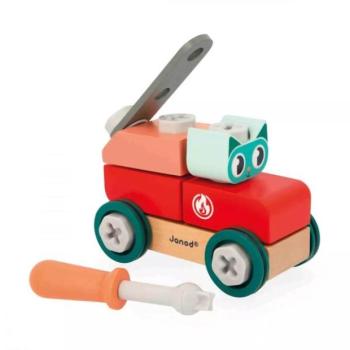 Janod BricoKids Fa építőjáték autó szerszámokkal Macska 28 db kép