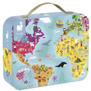 Janod Puzzle bőröndben kétoldalas Földgömb Világtérkép 208 db kép