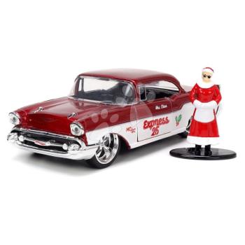 Kisautó karácsonyi Chevrolet 1957 Jada fém nyitható ajtókkal és Santa Claus figurával hossza 13 cm 1:32 kép