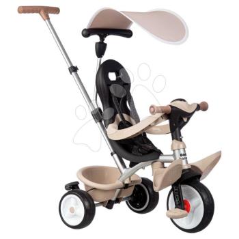 Tricikli és babakocsi 2in1 magas háttámlával Baby Balade Tricycle Beige Smoby fékkel napellenzővel és halk EVA kerekekkel 10 hó-tól