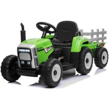 WORKERS elektromos traktor mellékvággyal, zöld, hátsókerék-meghajtású, 12V-os akkumulátorral kép
