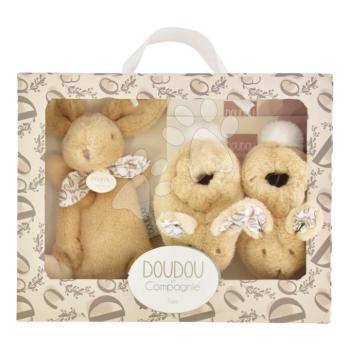 Ajándék szett kisbabának Slipper Gift Set Beige Lapin Doudou et Compagnie papucsok és nyuszi dédelgetésre bézs 15 cm ajándékcsomagolásban 0 hó-tól kép