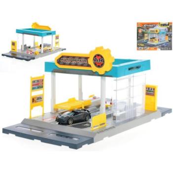Autószerelő készlet 34x17cm 24db autóval 7cm fém szabadon mozgó kiegészítőkkel kép