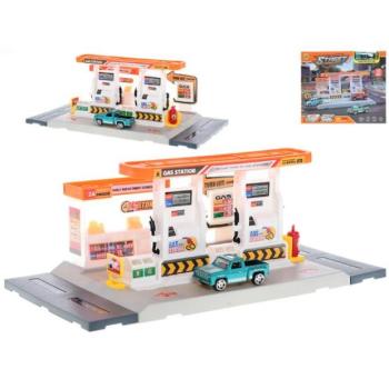 Benzinkút készlet 34x17cm 24db autó 7cm fém szabadon futó és kiegészítők kép
