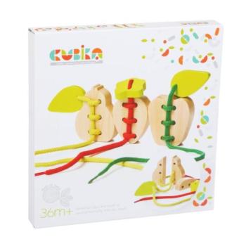 CUBIKA 14811 Gyümölcs - 3 fából készült fűzős játékkészlet - 6 fa elem, 3 fűzős kép