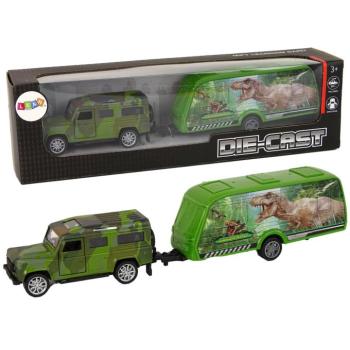 Elektromos Jeep játékautó szett visszahúzható utánfutóval dinoszauruszokkal