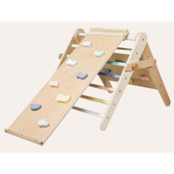 eliNeli Montessori magasítható Pikler-féle háromszög 3 az 1-ben activity boarddal és 2 az 1-ben rámpával – pasztell kép