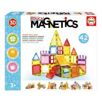 Építőjáték 3D mágneses közepes Magnetics Building Tiles Educa 42 színes átlátszó elem kép