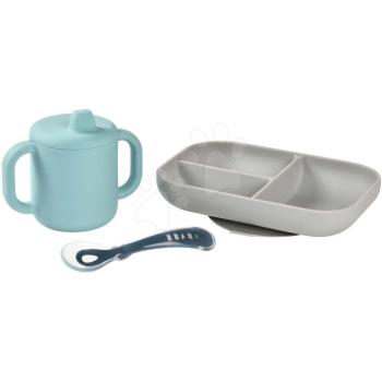Étkezőgarnitúra bögrével és kanállal Silicone learning set Beaba csecsemőknek enni tanulok készlet 8 hó kék kép