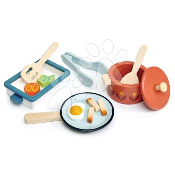 Fa edény palacsintasütővel Pots and Pans Tender Leaf Toys főzőkanállal és élelmiszerekkel kép