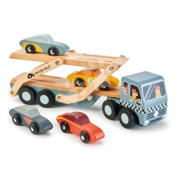 Fa kamion Car Transporter Tender Leaf Toys mozgatható platóval és 4 autóval kép