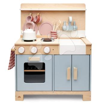 Fa konyhácska kenyérrel Home Kitchen Tender Leaf Toys teáskancsóval, csészékkel és edényekkel kép