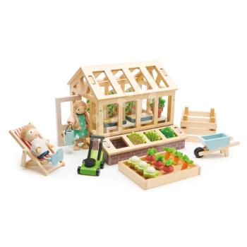Fa üvegház Greenhouse and Garden Set Tender Leaf House nyitható tetőszerkezettel 9 fajta zöldséggel játékbabának kép