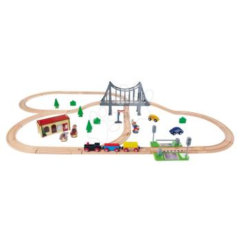 Fa vasúti sínpálya Train Set with Bridge Eichhorn mozdonnyal vagonnal híddal és kiegészítőkkel 55 darabos 500 cm hosszú sínpálya kép