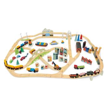 Fa vonatpálya hegyekben Mountains View Train Set Tender Leaf Toys Utazás a Föld körül városokon és hegyeken keresztül 58 darabos kép