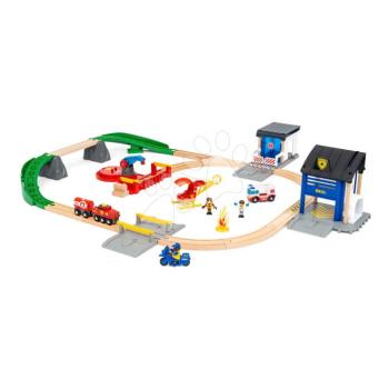 Fa vonatpálya mentőcsapattal Rescue Team Train Set BRIO 38 részes mentőautó hanggal fénnyel és rendőrautó állomással és 3 figura kép