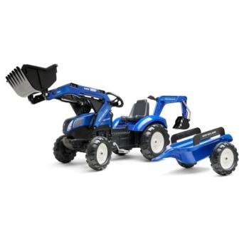 Falk Šliapací traktor 3090Y New Holland T8 elülső rakodóval és pótkocsival kék