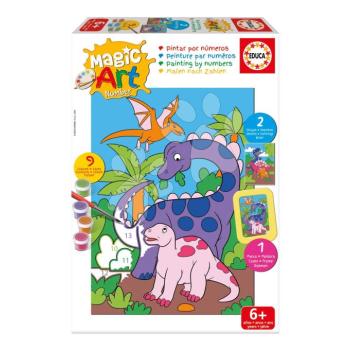 Festés számok szerint Dínók világa Magic Art Number Dinosaurs Educa 2 kép kerettel és 9 szín ecsettel és palettával 6 évtől kép