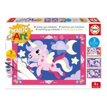 Festés számok szerint Egyszarvúak Magic Art Number Unicorns Educa 3 kép 5 festékkel ecsettel és palettával 4 évtől kép
