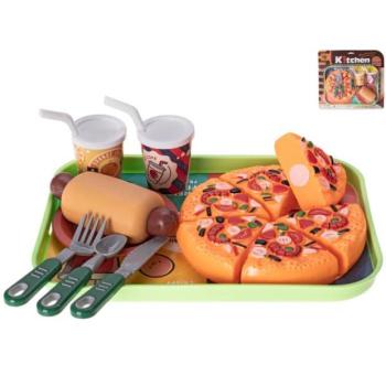 Gyorsétterem pizza cipzárral, hotdog és 2 db ital tálcán 26x19 cm. kép