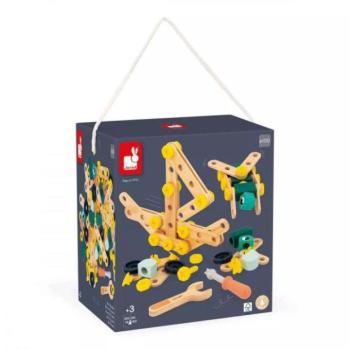 Janod BricoKids Fa építőkészlet mintákkal és szerszámokkal 100 db