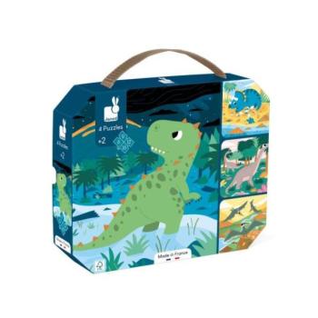 Janod Puzzle bőröndben 4 az 1-ben Dinoszauruszok 6-9-12-16 db