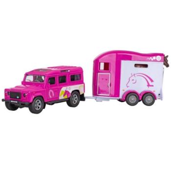 Kids Globe Traffic Land Rover rózsaszín fém lószállító utánfutóval 28cm hátramenet kép