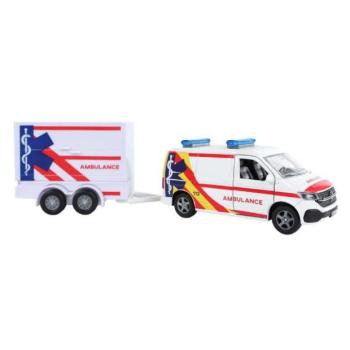 Kids Globe Traffic VW Transporter mentőautó 27,5cm fém hátramenet utánfutóval kép