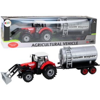 Mezőgazdasági traktor kotrógéppel és piros tartállyal meghajtással kép