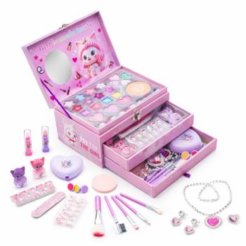 PrincessGlow Beauty Studio gyerek sminkkészlet – többfiókos kozmetikai sminkdoboz tükörrel kislányoknak (BBJ) kép