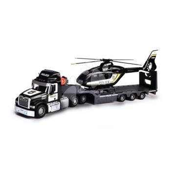 Vontató platóval és rendőrségi helikopter Mack Truck Police Helicopter Majorette hanggal fénnyel gumi kerekekkel 35 cm hosszú kép