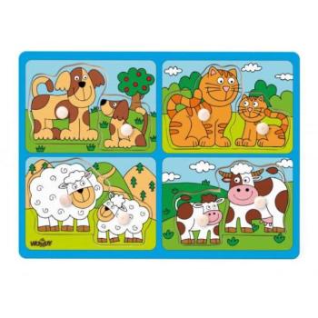 Woody Puzzle kicsi fogantyúval - háziállatok csibékkel